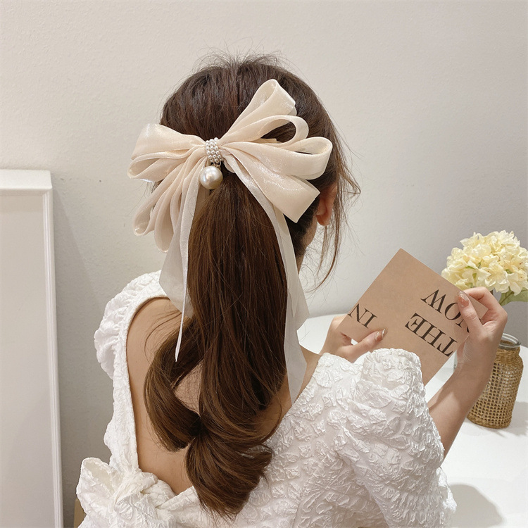 Daily, Street Occasion Sweet Bow Knot Cloth Organza Inlay Artificial Pearls Hair Clip 1 Piece