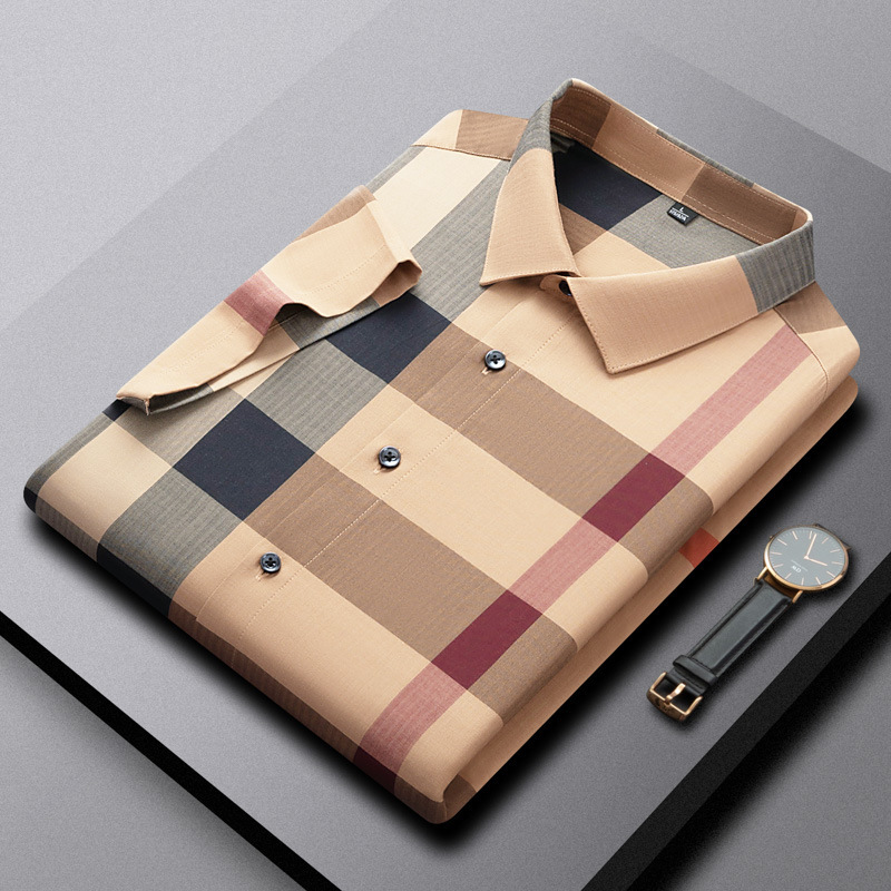 Casual Business Men's Plaid Shirt, High-End Men's Casual Wrinkle-Free Plaid Striped Long-Sleeve Shirt