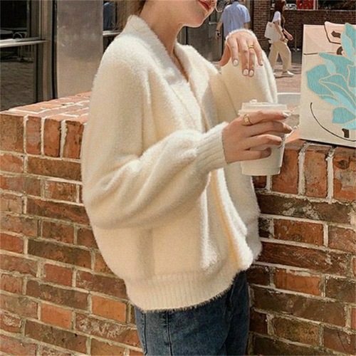 KANING imitates sable fur knitted cardigan women's new Korean version autumn and winter short small size loose outerwear sweater women 