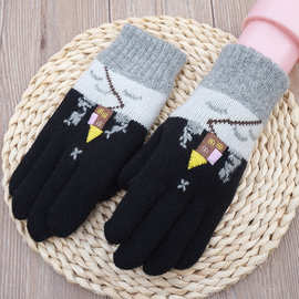 女冬季羊毛加绒手套纯羊毛面厚绒里针织提花防寒保暖浪漫触屏手套