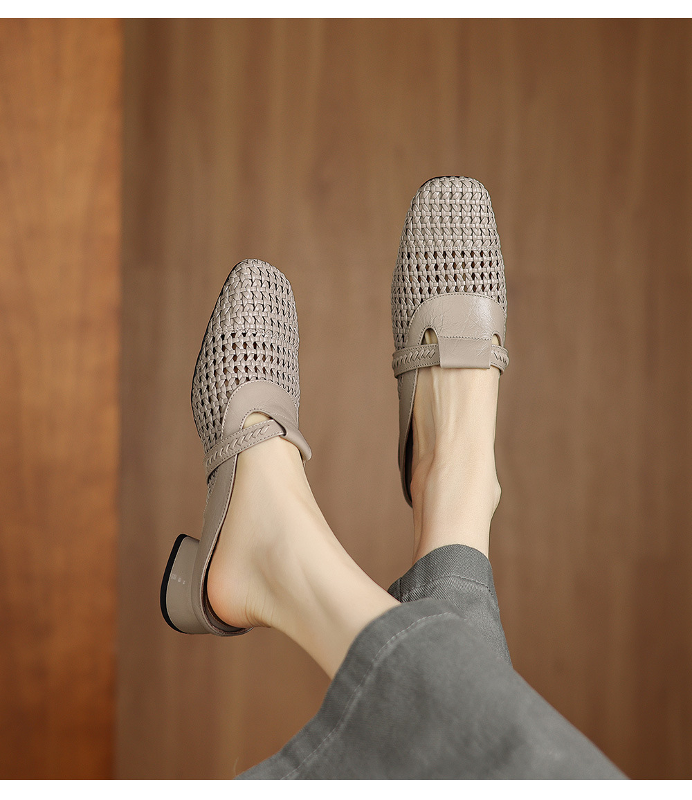 Dép sandal nữ quai chữ V đan dệt, gót thấp 3 cm, phong cách vintage — đen chi tiết 6