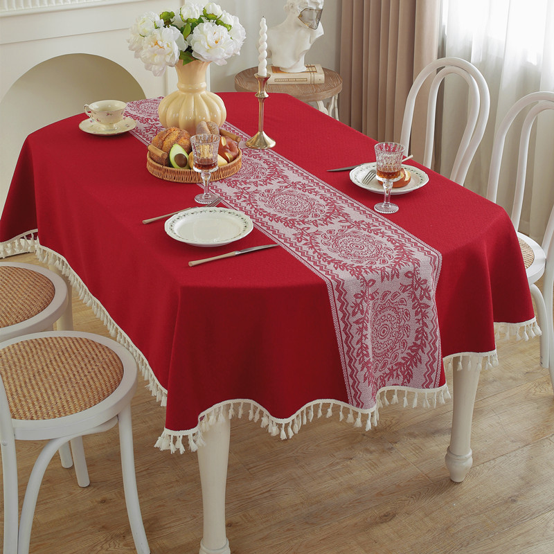 Nappe rouge brodée jacquard à franges florales vintage en polyester 100% jacquard pour table basse et table à manger, idéale pour les mariages et le Nouvel An._voghion.com