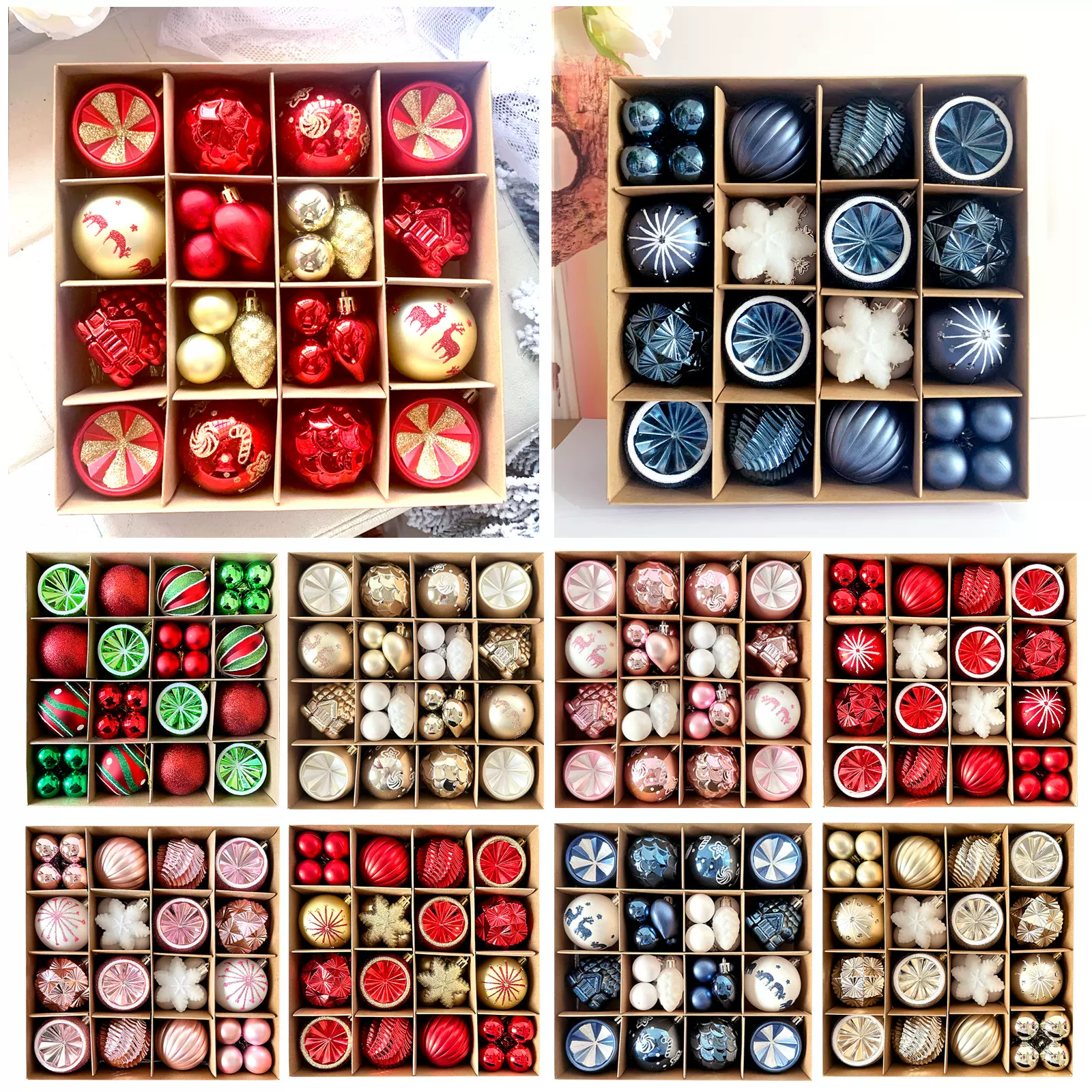 跨境圣诞节6cm电镀光球套装塑料球异形彩绘圣诞球圣诞树挂件吊球