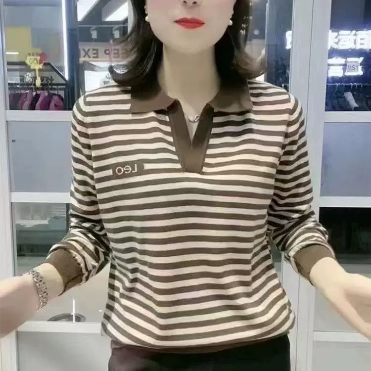2025春秋时尚妈妈装新款大码女装长袖上衣中年条纹显瘦减龄Polo衫