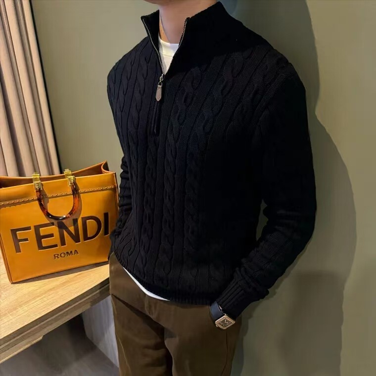 2026 New Cross-Border Men's Stand Collar Twist Pattern Half-Zip Knit Sweater High-Quality Sweater Jacket Wholesale Trendy