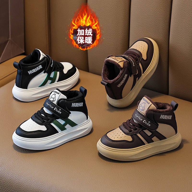 Leather-Covered Kidsren's Cotton 2025 Girls' Soft-Soled Shoes, Warm and Velvet, High-Top Sports Shoes for Boys and Girls, Trendy