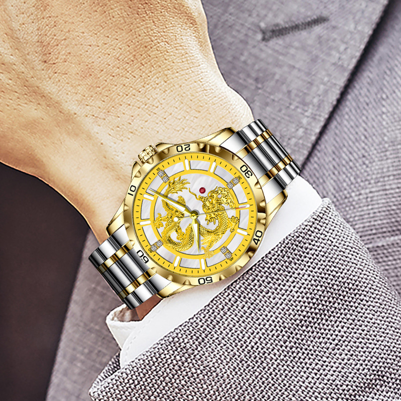 Đồng hồ nam automatic lộ máy dây thép vàng mặt trong suốt — Dây thép vàng vỏ vàng rồng 8982 (không xoay được hạt)