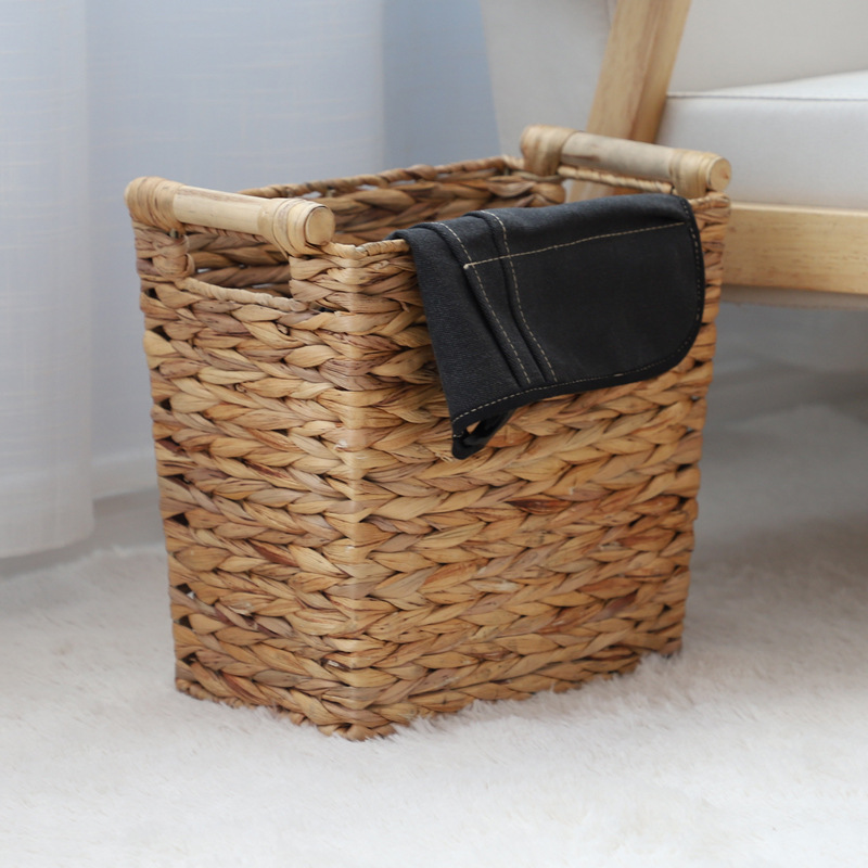 Transfronterizo de caña tejida almacenaje de tela de paja tejida cesta de ropa sucia mango de madera de almacenamiento de gran capacidad para el hogar