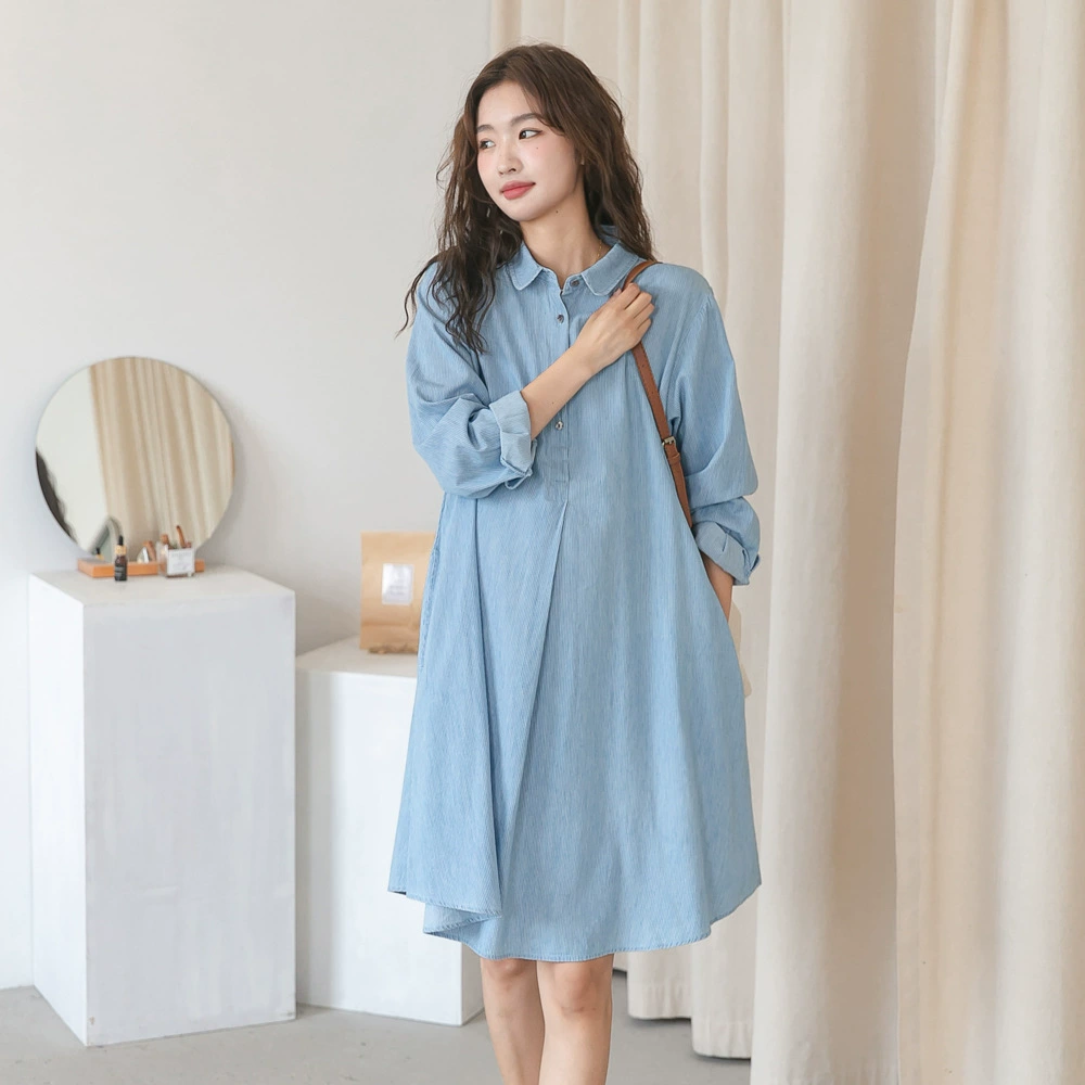 Осеннее новое платье для беременных, Модная тонкая полосатая джинсовая юбка с лацканами, в западном стиле, снижающая возраст, модное горячее платье для мамы