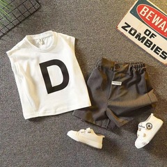 夏季新款字母純色兒童套裝無袖+短褲兩件套男女寶百搭兩件套批發