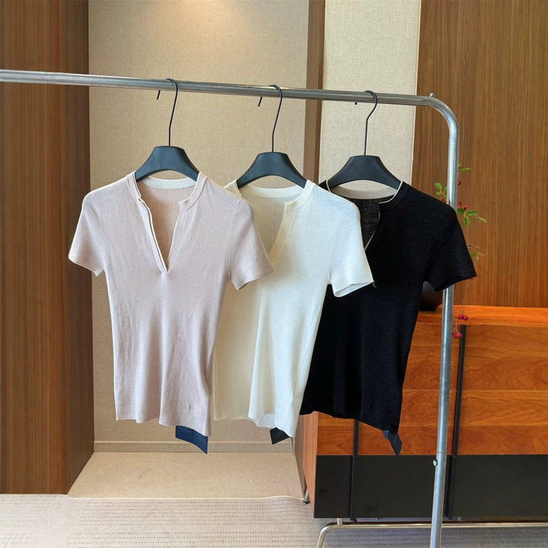 400+ styles! Original C yarn! Yangzi yarn all-wool ZZ color-blocked, regular shoulder, slim-fit, seamless knitted short-sleeve top T-shirt