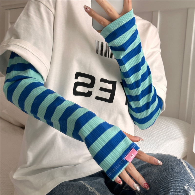 青い日焼け止め袖カバーゆるい日よけ夏の車で縞模様の紫外線防止縞模様の氷袖2023新型