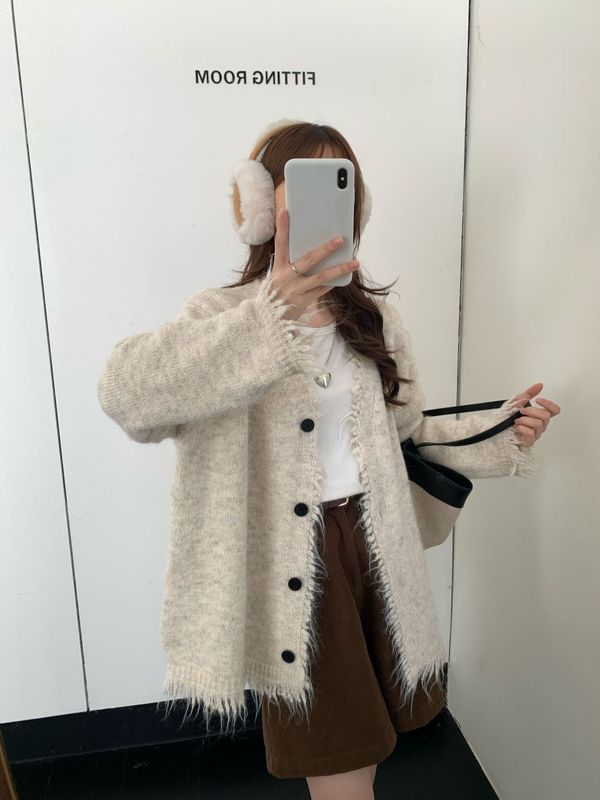 韩系设计感流苏边毛衣外套女秋冬新款宽松百搭针织开衫上衣女1361|undefined