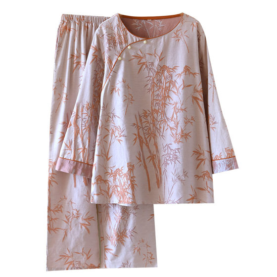 Four Seasons New Vintage Women's Cotton Home Clothes suit Long-sleeved Trousers Combed Single Layer 60 Cotton Yarn Double-sided Jacquard