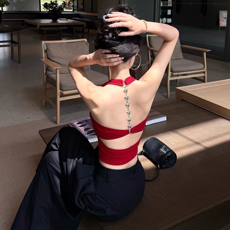 泰式绝美辣妹穿搭孔雀蓝色露背2025无袖吊带背心女外穿挂脖上衣|undefined