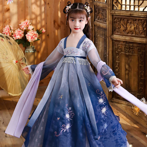 Girls Chinese Hanfu fairy dress ancient purple color traditional folk costumes han tang princess stage performance dress photos shooting kimono dress for kids Tang suit