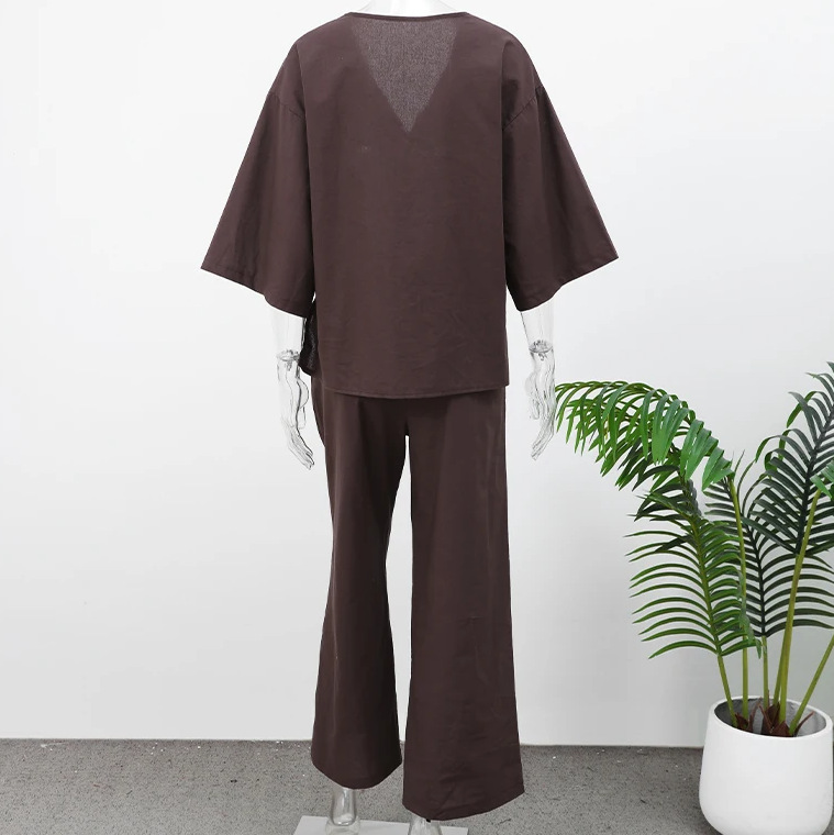 2025 Women's Casual Outfit: V-neck, Single-Button, Loose-Fit Long-Sleeve Top And High-Waisted Trousers Two-Piece Set In_ecoleips.com