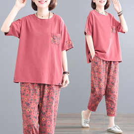 妈妈装胖mm大码休闲运动服套装女2024夏装宽松洋气短袖两件套跨境
