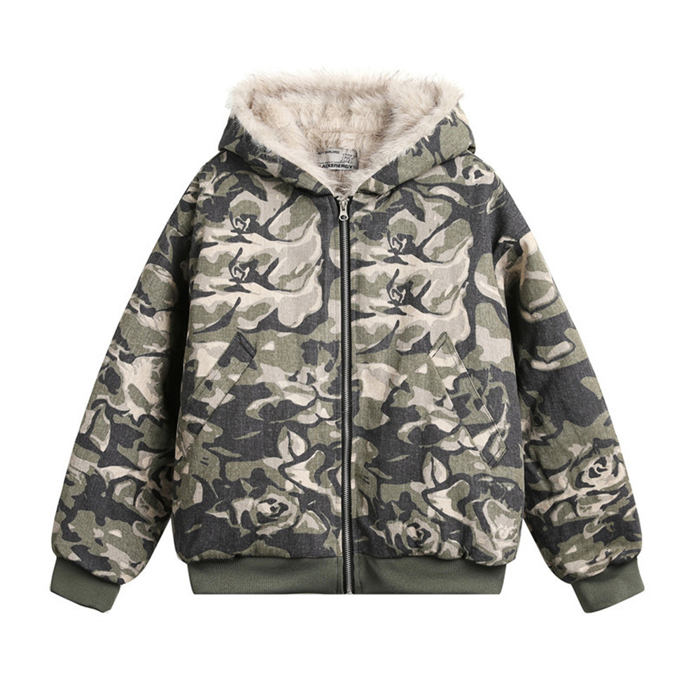 ​​Men's Winter Hooded Cotton Jacket With Fur Collar, Loose Fit Streetwear Coat With Decorative Pockets, Denim Style For Casual Wear​​_viptrois.com
