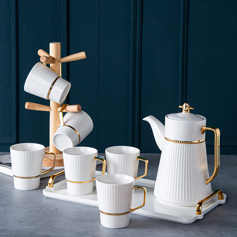 Light luxury tea set living room wedding high-end gift gift gold ceramic water set teapot cover Cup with handle tray