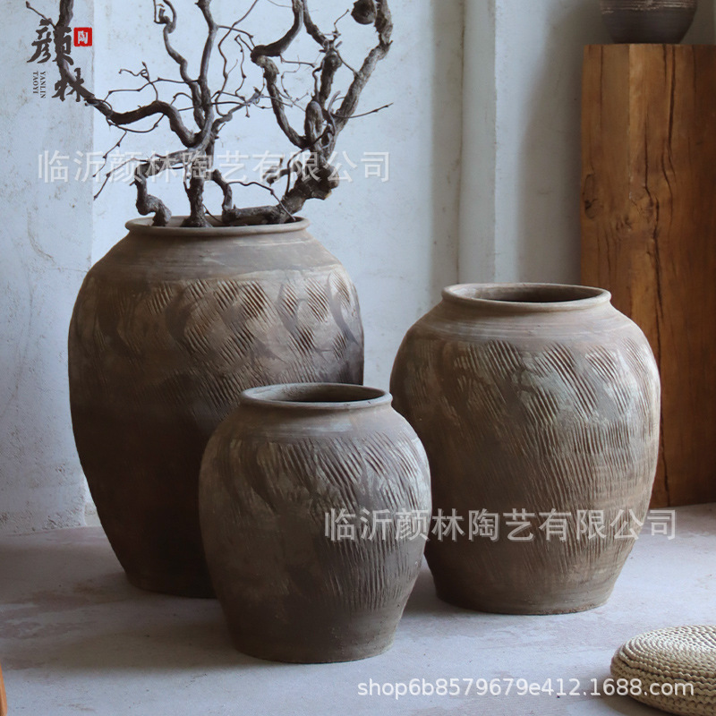 Cerámica de tierra de cerámica gruesa gran vasija de cerámica gran vasija de flores de estómago de viento tranquilo decoración del paisaje residencial de cerámica china vintage