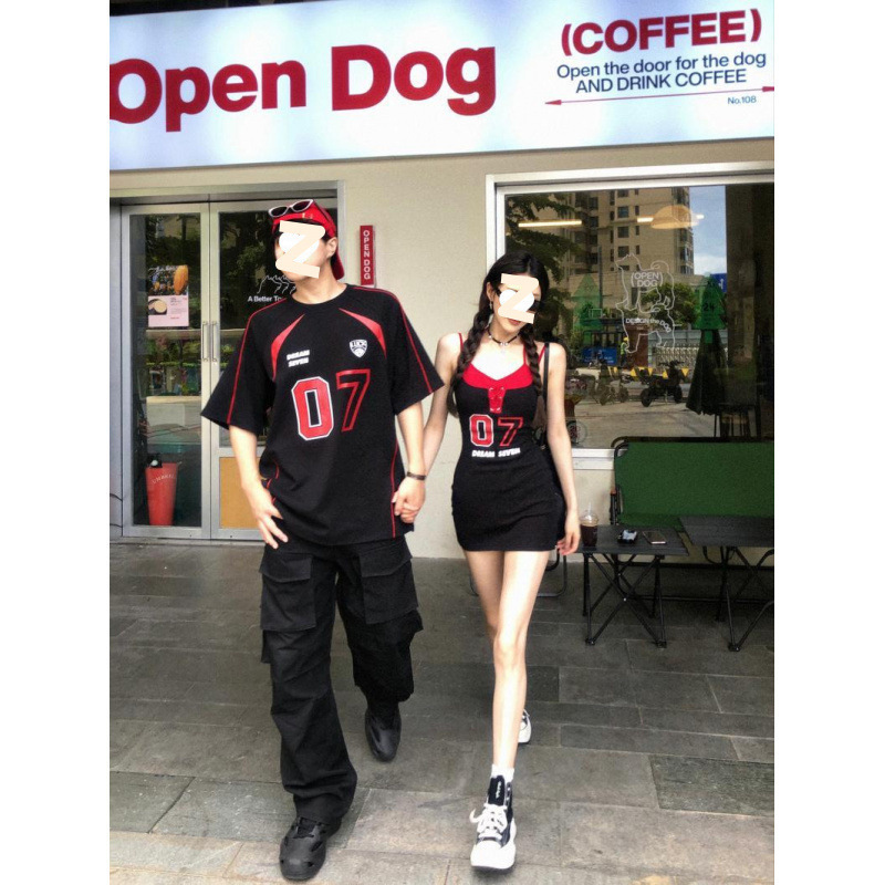 American Hot Girl Design Letter Print Slimming Look Couple Dress T-Shirt Slim Fit