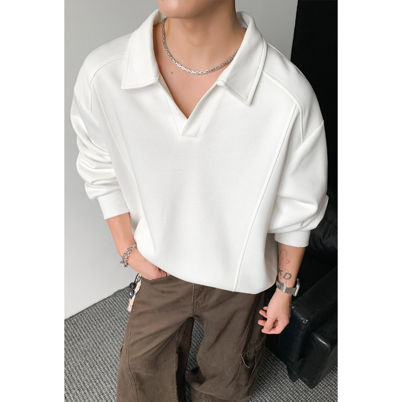 Polo a maniche lunghe grigia stile Old Money, modello regolare, unisex, autunnale, ampia, con colletto risvoltato e mezza zip._voghion.com