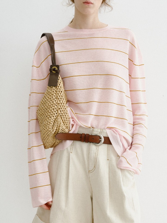 Made of Senses Lightweight Linen-Blend Striped Knit Long-Sleeve Shirt, Breathable and Relaxed-Fitting Sun Protection Cover-Up for Women