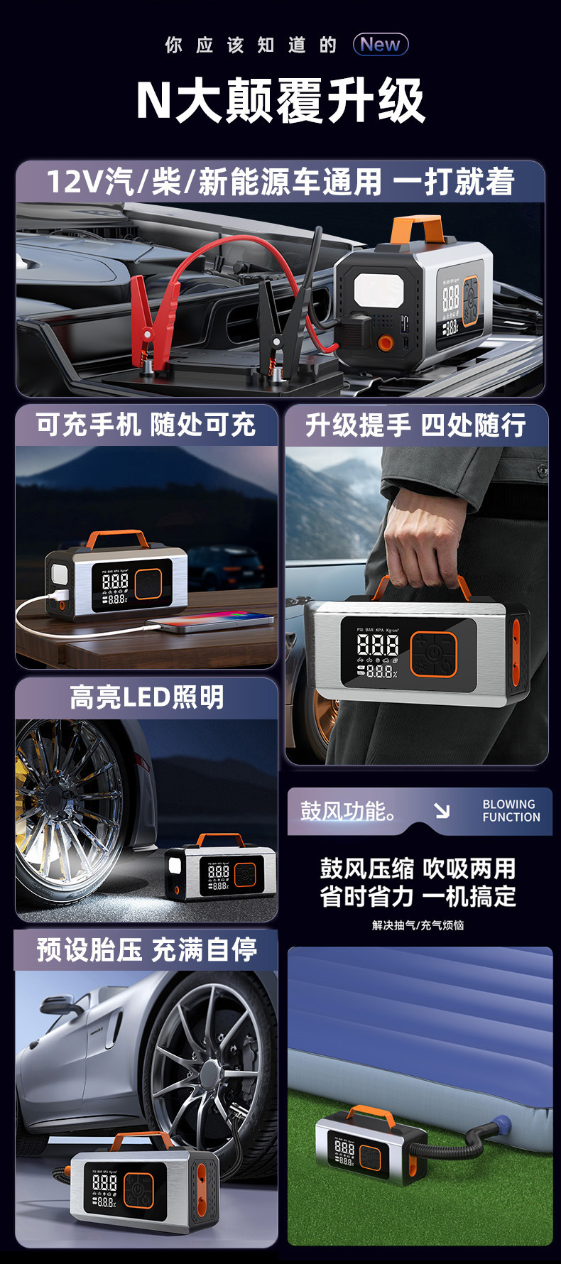 Portable Car Air Pump, Emergency Starting Power Supply, All-In-One Digital Display, Multi-Function Car Tire Pump