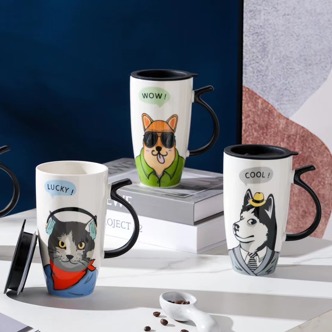 Creativo de gran capacidad de cerámica animal Sr. I taza con tapa Oficina taza de beber con mano regalo taza de café