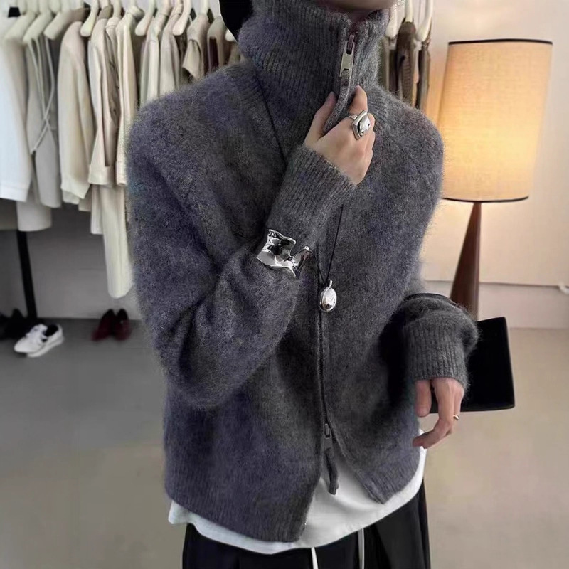 French European Style High Collar Cashmere Knitted Cardigan for Women Autumn and Winter Loose Sweater Thickeneded Wool Bottoming Top