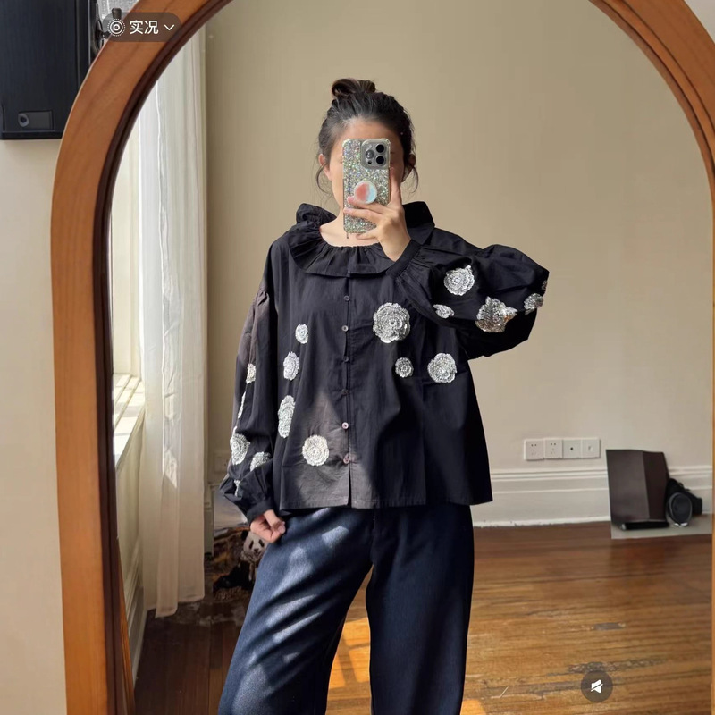 Nanyou High Version French Niche Sequin Beaded 25 Autumn Retro Embroidered Flower Lantern Sleeve Black Shirt
