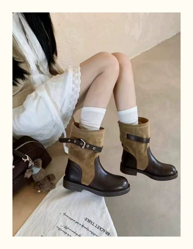 Bốt Martin nữ da bò mũi tròn phối khóa thắt lưng, gót thô, cổ ngắn — Rượu vang đỏ, đen chi tiết 6
