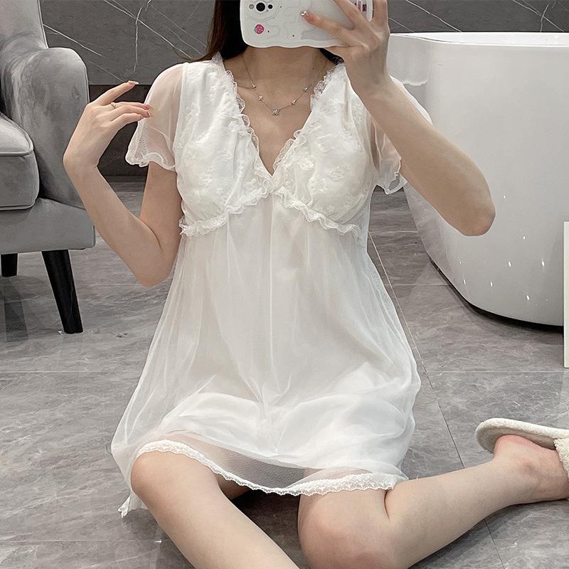 Pijamas de verano malla de hielo seda camisón chica dulce corte estilo grúa cuello en V manga corta vestido MIDI casa delgada