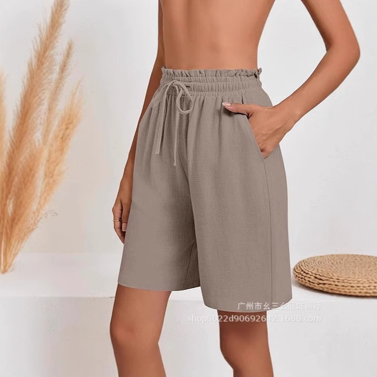 Women's Amazon Linen Summer Shorts Casual Bermuda Wide Leg Mid-Length High Waist Drawstring Shorts with Pockets