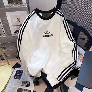 卫衣男女加绒加厚拼接撞色三条杠无帽春秋潮牌休闲运动情侣装上衣