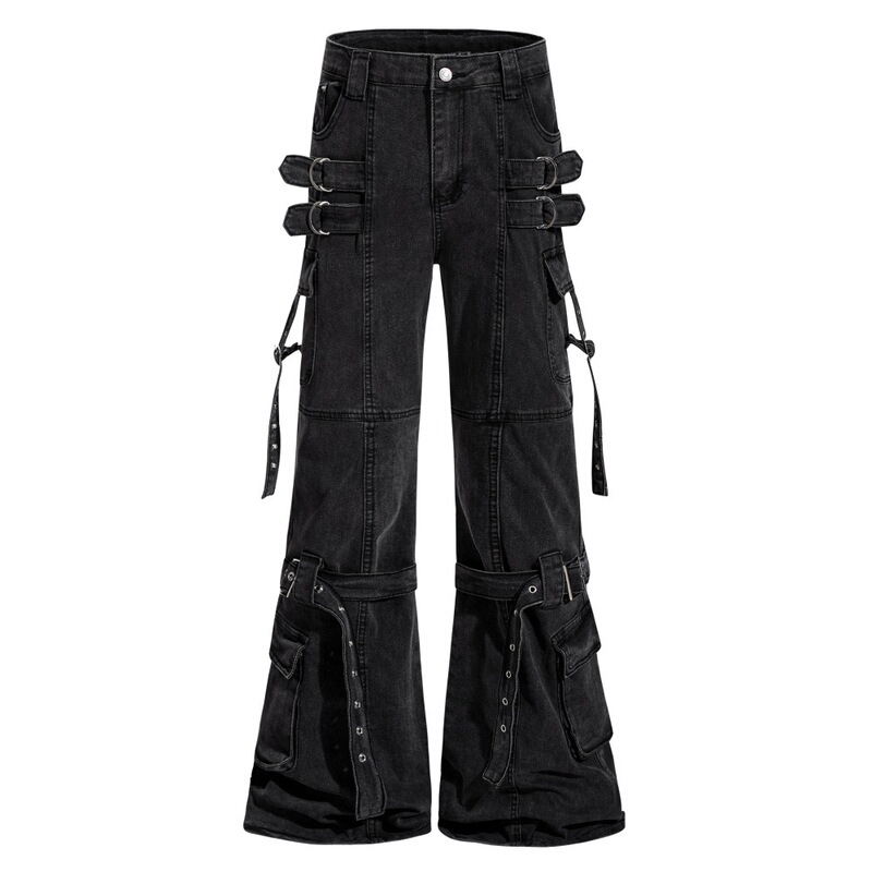 Vibe-Style Niche Ribbon Denim Flared Pants for Men, Heavy-Duty Washed Vintage Tie Design Workwear Long Pants Trendy