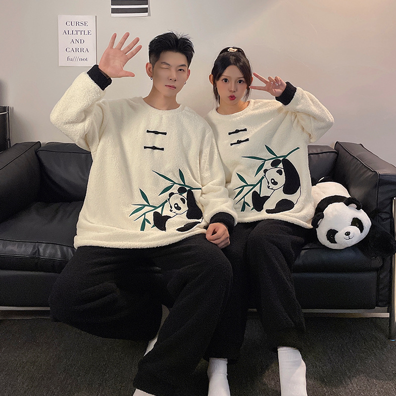 Foreign Trade Kr Couple Winter New Style Fleece-Lined Thickeneded Couple Pajamas Women's Home Clothes Men Can Wear Half Velvet Outside