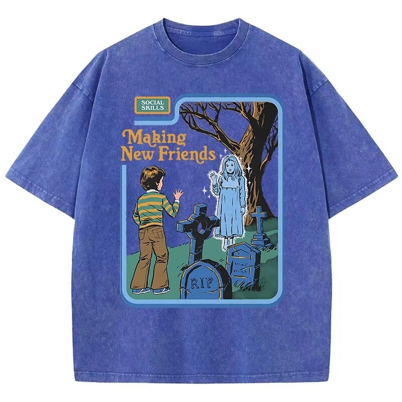 Social Skills Making New Friends Washed Vintage Men's and Women's T-Shirt Hip-Hop Breathable Top Casual Cotton T-Shirt