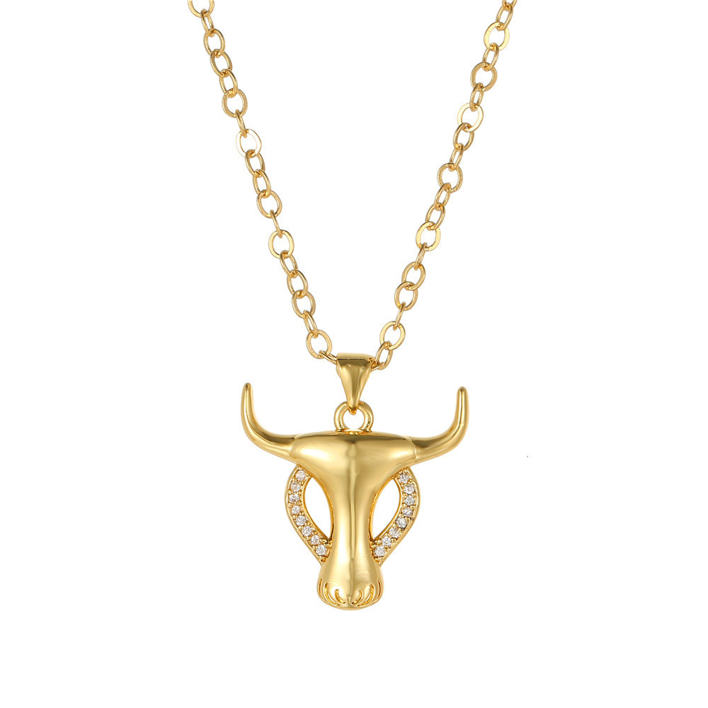 Copper Inlaid Zircon Animal Bull Head Pendant Golden Necklace Men's Hip Hop Jewelry Wholesale display picture 2