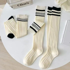 Lolita Socks Women's Calf Socks Thin White Spring and Autumn Season Cute Japanese Style Versatile Striped Knee-high Socks Summer