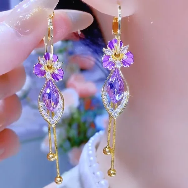 Full Diamond Flower Zircon Tassel Silver Needle Earrings New Trendy Purple Crystal Fairy Queen Long Earrings for Women