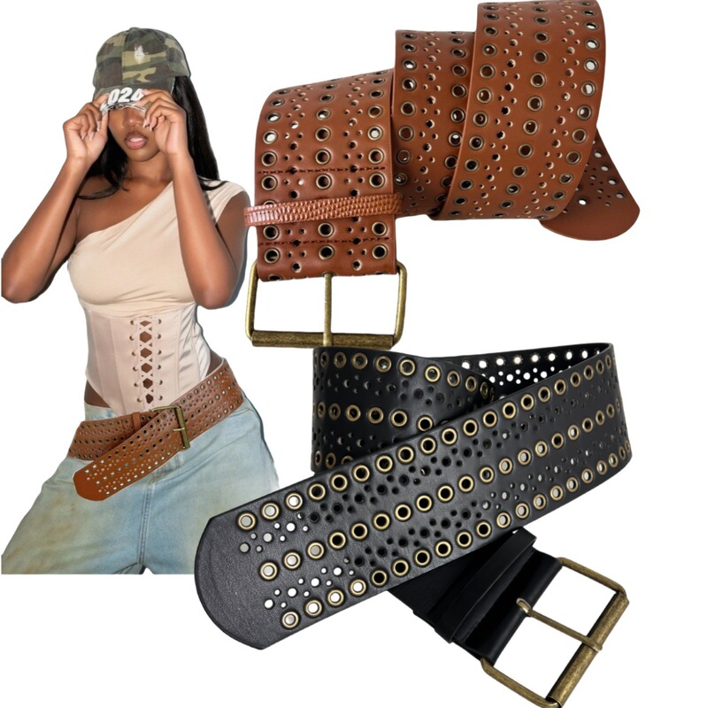 European and American Hot Girl Heavy-Duty Belt Rivet Eyelet Hollow Wide Belt Punk Style New Hip-Hop Eyelet Wide Belt