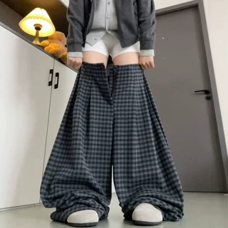 黑灰色格子裤女2026新款秋冬加厚休闲裤宽松慵懒小个子直筒阔腿裤