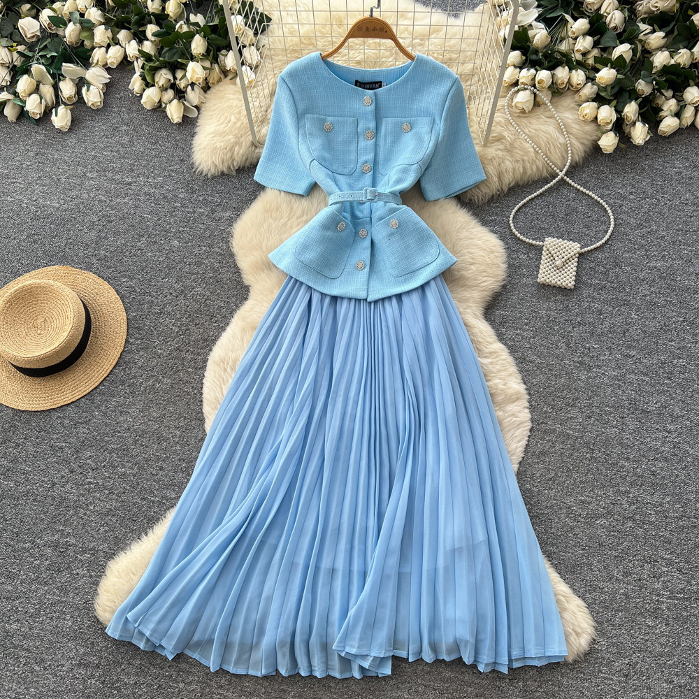 Inspired Pink A-Line Dress Short Sleeved High Waisted Fitted Long Skirt Luxurious Feel Women's Clothing_ecoleips.com
