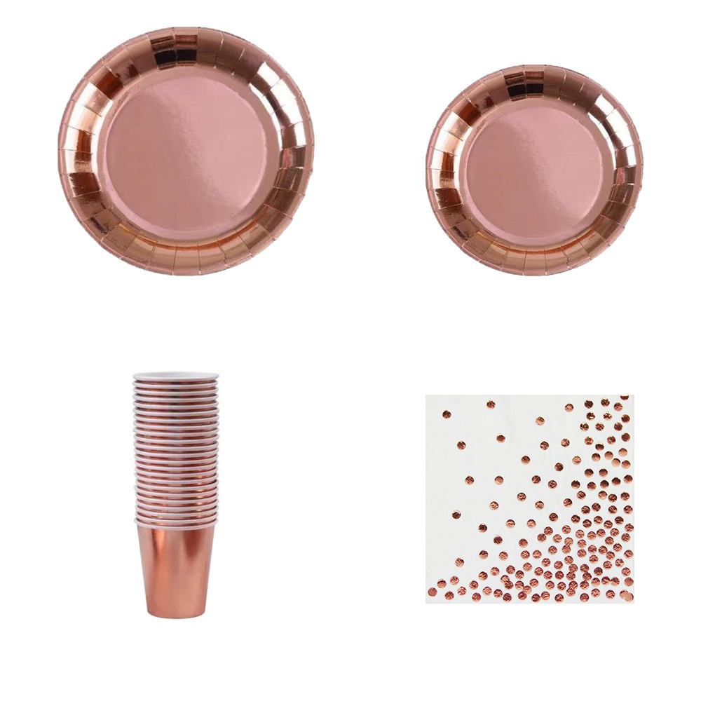 Fábrica directa de platos desechables estampados de oro rosa fiesta de cumpleaños platos de papel desechables set