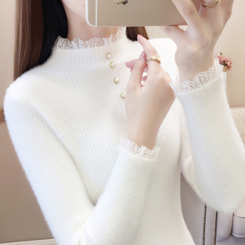 One-piece velvet fake two-piece sweater for women loose autumn and winter New 2024 Western style turtleneck bottoming shirt fleece-lined thick warm