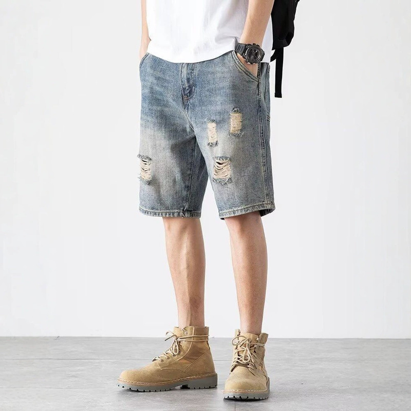 Summer Denim Cropped Pants American Retro Trendy Ripped Brand Youth Fashion Jeans Men 2025 Chic Summer Denim Cropped Pants American Retro Trendy Ripped Brand Youth Fashion Jeans Men 2025 Chic