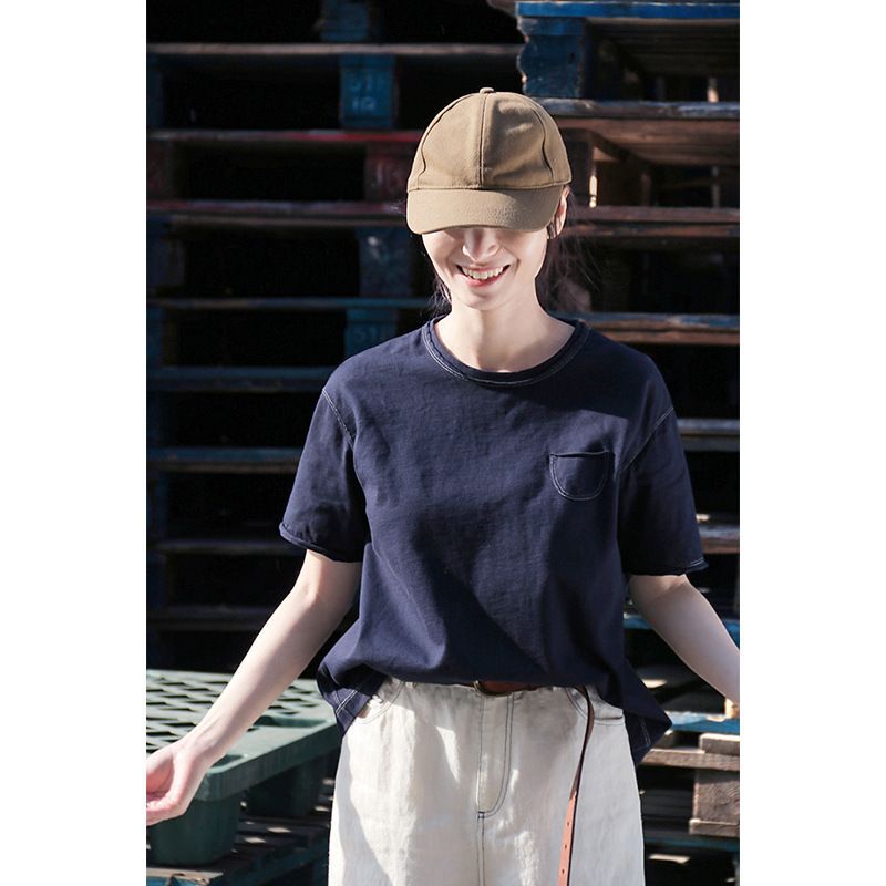 Dark Blue Cotton Tight and Simple Round Neck Style Short-Sleeved Loose T-Shirt Undershirt Vest Soft and Breathable T-Shirt