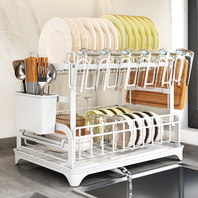 Rejilla para escurrir, rejilla para cocina, encimera para el hogar, vajilla multifuncional de doble capa, palillos, tabla de cortar, portavasos, estante de almacenamiento